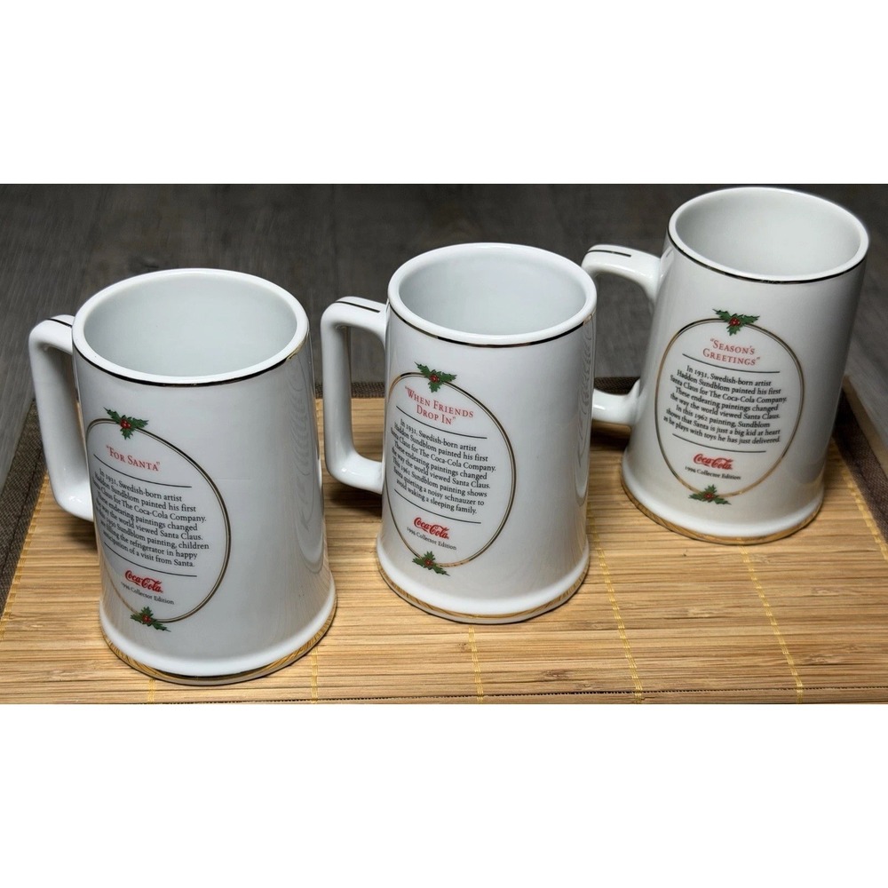 Vintage Set of 3 Coca-Cola 1996 Collector Edition Ceramic Mugs - Gold Trim/Santa - Picture 6 of 8